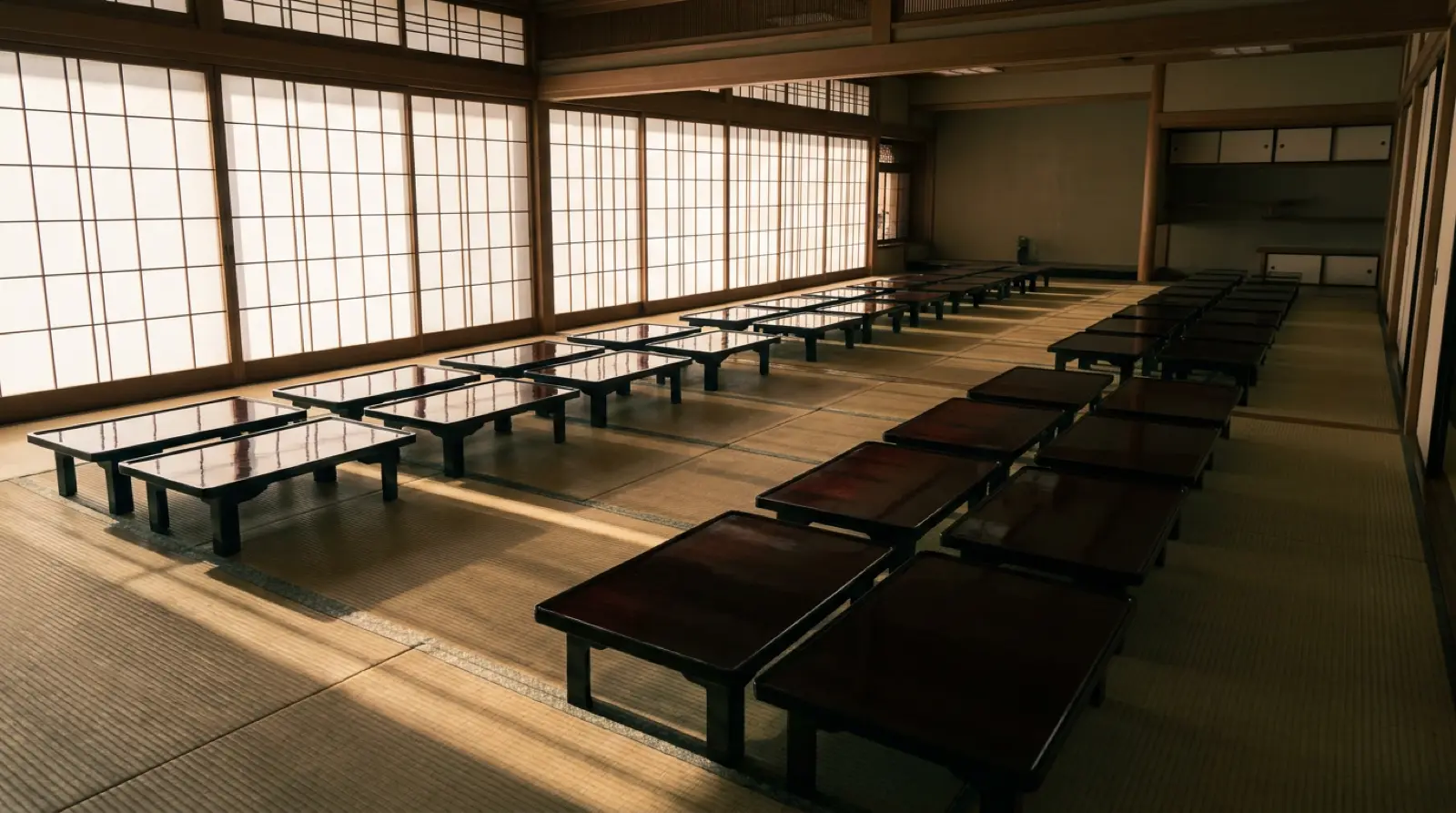 障子越しの光が差し込む和室の大広間に、艶のある木製の座卓が整然と並んでいる様子